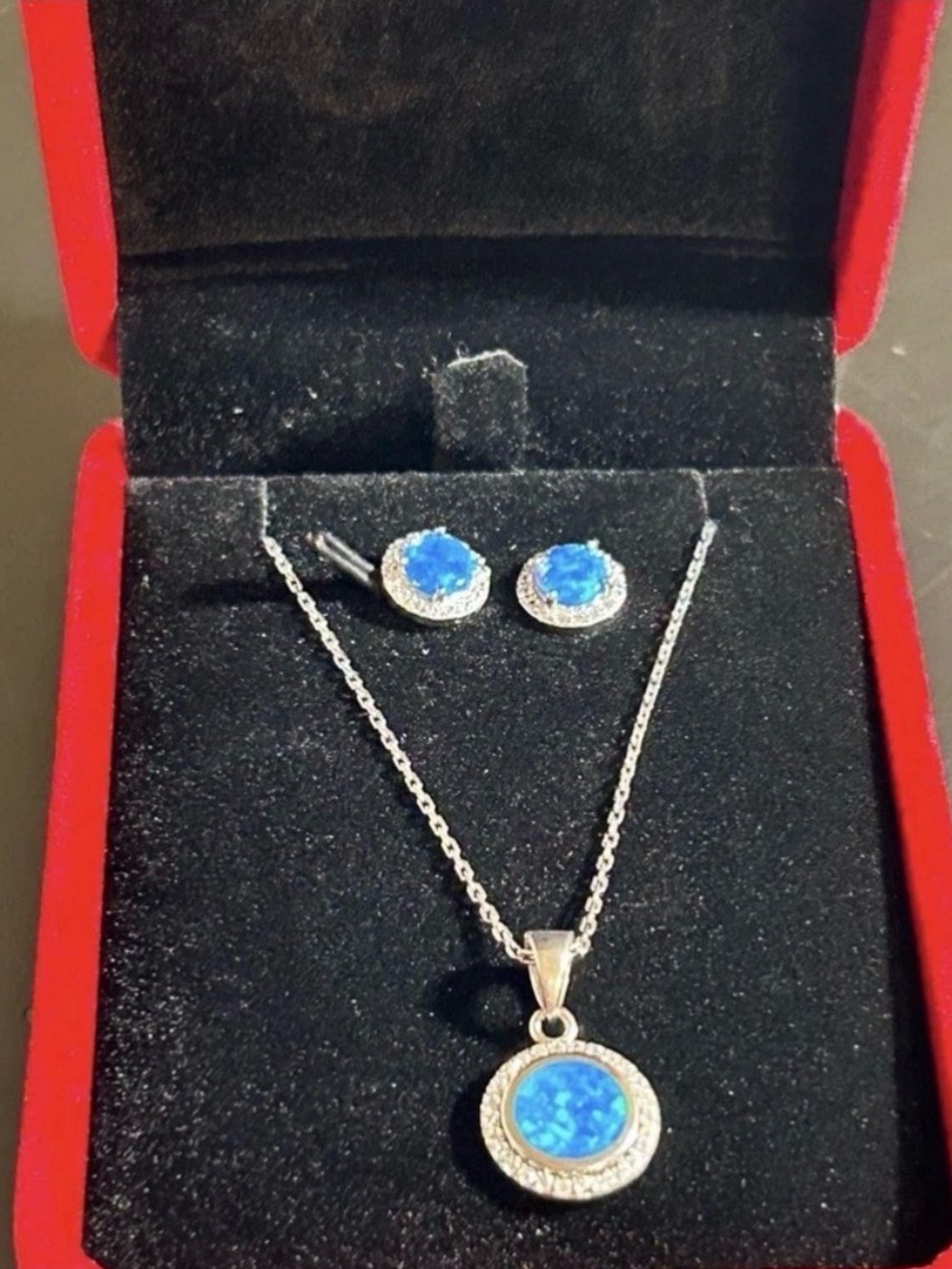 Sterling Silver Blue Opal Pendant Necklace and Stud Earrings Set